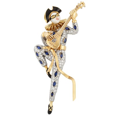 Lot 247 - Platinum, Gold, Diamond, Sapphire and Enamel Court Jester Brooch, Oscar Heyman Bros.