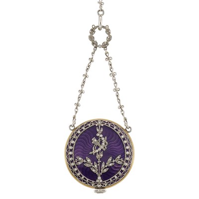 Lot 380 - Belle Epoque Platinum, Gold, Purple Guilloche Enamel and Diamond Pendant-Watch Necklace