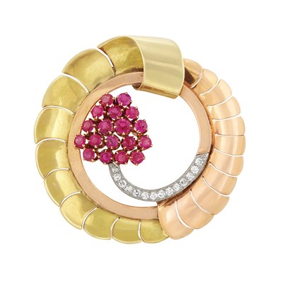 Lot 125 - Two-Color Gold, Platinum, Ruby and Diamond Clip, Trabert & Hoeffer, Mauboussin