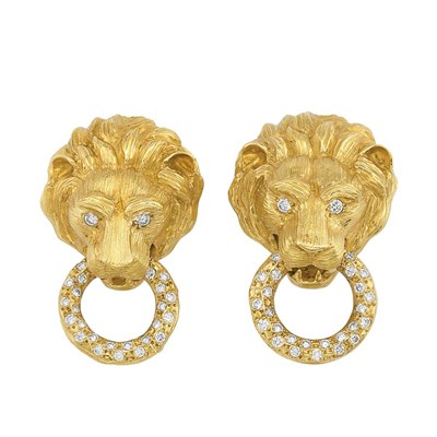 Lot 339 - Pair of Gold and Diamond Lion Head Earclips, Van Cleef & Arpels