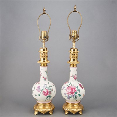 Lot 153 - Pair of Floral Decorated Porcelain Lamps...