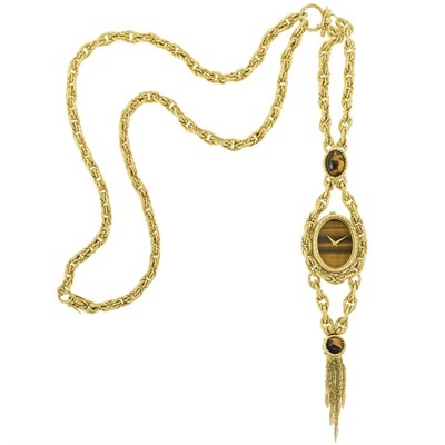 Lot 191 - Long Gold and Tiger's Eye Pendant-Watch Chain Necklace/Bracelet-Watch Combination, Piaget