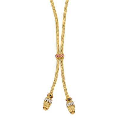 Lot 35 - Long Gold, Gem-Set and Diamond Animal Head Slide Lariat Necklace, Ilias Lalaounis