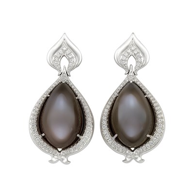 Lot 17 - Pair of White Gold, Moonstone and Diamond Pendant-Earclips, Donald Huber