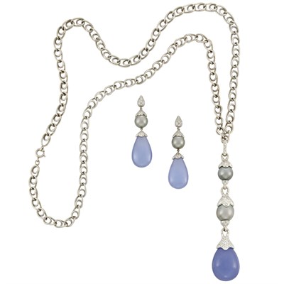 Lot 19 - Long White Gold, Tahitian Gray Cultured Pearl, Diamond and Dyed Blue Chalcedony Pendant-Necklace and Pair of Pendant-Earrings, Donald Huber