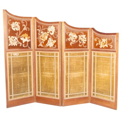 Lot 115 - Mahogany Four-Fold Screen Inset with Fabric...