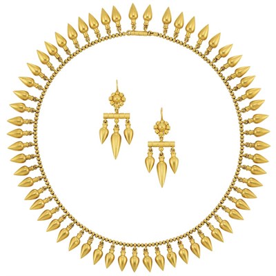 Lot 199 - Antique Gold Fringe Necklace and Pair of Pendant-Earrings