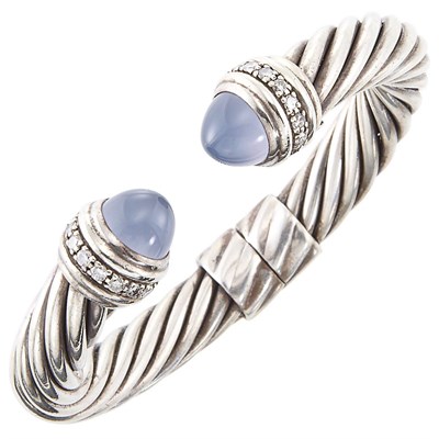 Lot 1043 - Sterling Silver, Cabochon Blue Chalcedony and Diamond Bangle Bracelet, David Yurman