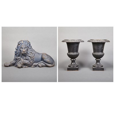 Lot 421 - Pair of Black Painted Iron Urns; Together with...