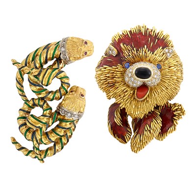 Lot 61 - Two Gold, Enamel and Diamond Clip-Brooches, France, Greece