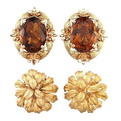 Lot 1403 - Pair of Two-Color Gold and Citrine Earclips and Pair of Gold Leaf Earclips