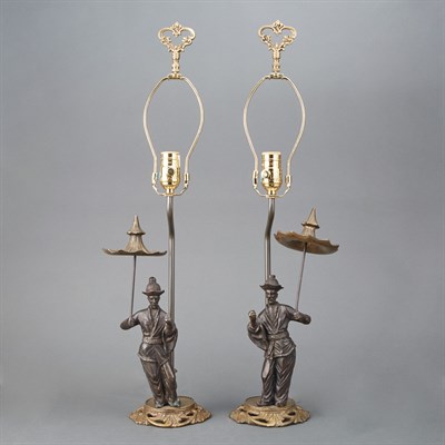Lot 495 - Pair of Chinoiserie Figural Lamps with Pagoda...
