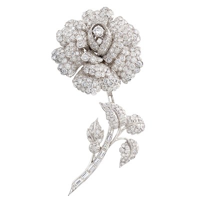 Lot 373 - Platinum and Diamond Flower Clip-Brooch