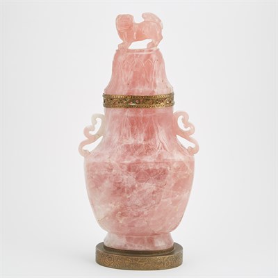 Lot 98 - Chinese Metal Mounted Carved Rose Quartz Lamp...