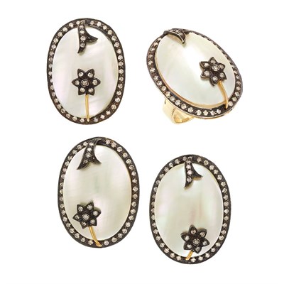 Lot 1257 - Gold, Mother-of-Pearl and Diamond Ring and Three Pins