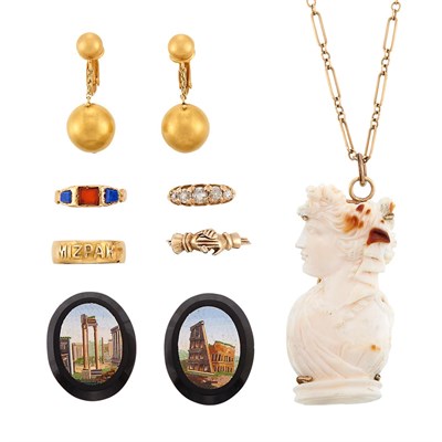 Lot 1229 - Group of Gold, Low Karat Gold, Carved Hardstone, Black Onyx, Micromosaic and Diamond Jewelry
