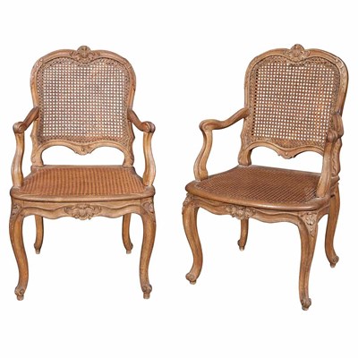 Lot 274 - Pair of Louis XV Caned Beechwood Fauteuils a...