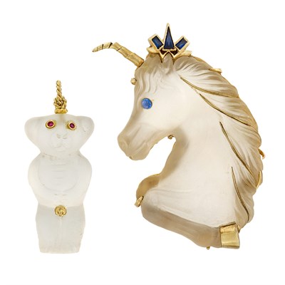 Lot 1251 - Gold, Carved Frosted Rock Crystal and Synthetic Sapphire Unicorn Pendant-Brooch and Bear Pendant