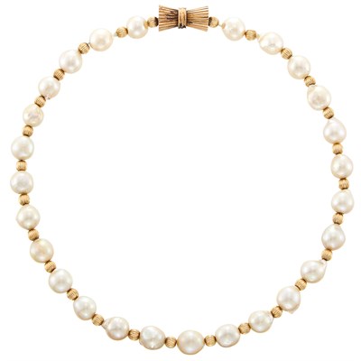 Lot 1101 - Gold and Semi-Baroque Cultured Pearl Necklace