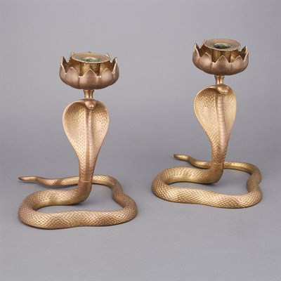 Lot 422 - Pair of Brass Cobra-Form Candlesticks Height 8...