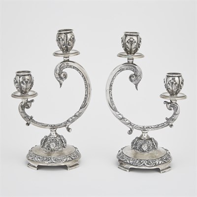 Lot 214 - Pair of Portuguese Silver Two-Light Candelabra...