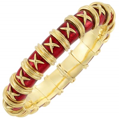 Lot 430 - Gold and Red Paillonne Enamel Bangle Bracelet, Schlumberger, Tiffany & Co.