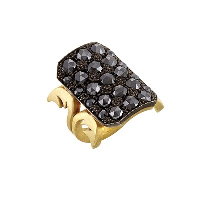 Lot 1040 - Gold, Blackened Sterling Silver and Black Diamond Ring, Sylva & Cie.
