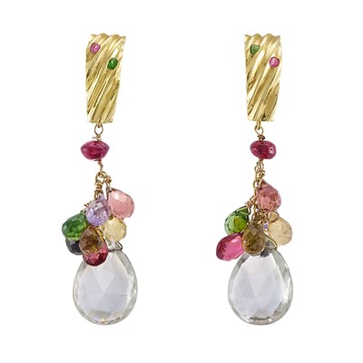 Lot 1266 - Gold, Colored Stone Bead and Briolette Fringe Necklace and Pair of Pendant-Earrings