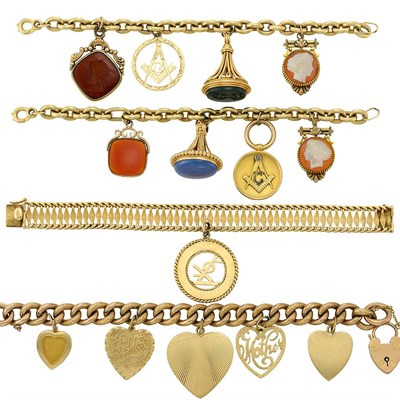 Lot 1392 - Group of Gold, Low Karat Gold, Gold-Filled and Metal Charm Bracelets and Charm