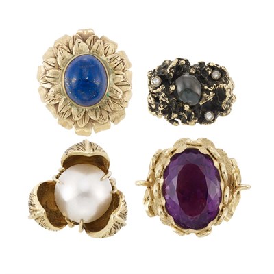 Lot 1238 - Four Gold, Lapis, Mabe Pearl, Amethyst, Black Star Sapphire and Diamond Rings
