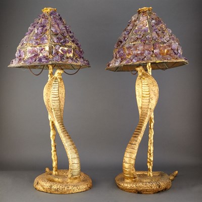 Lot 280 - Pair of Gilt Bronze Cobra-Form Lamps Each with...