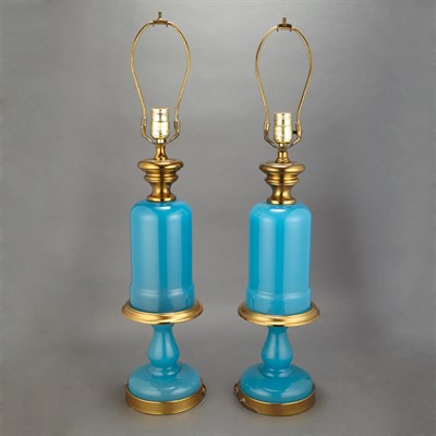 Lot 445 - Pair of Blue Opaline Glass Lamps Height 18 1/2...