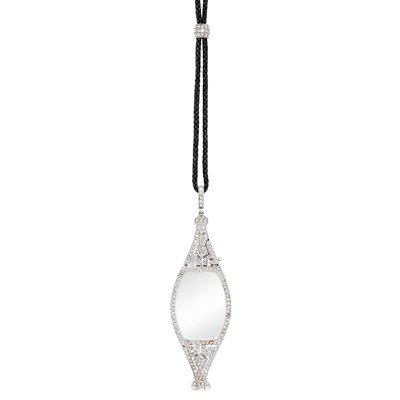 Lot 122 - Platinum and Diamond Lorgnette with Black Cord, Platinum and Diamond Slide Necklace, Cartier