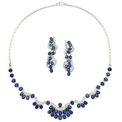 Lot 1247 - White Gold, Sapphire and Diamond Necklace and Pair of Pendant-Earrings