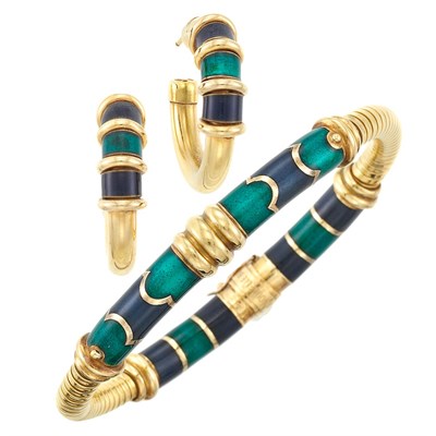 Lot 1273 - Gold and Enamel Bracelet and Pair of Hoop Earrings