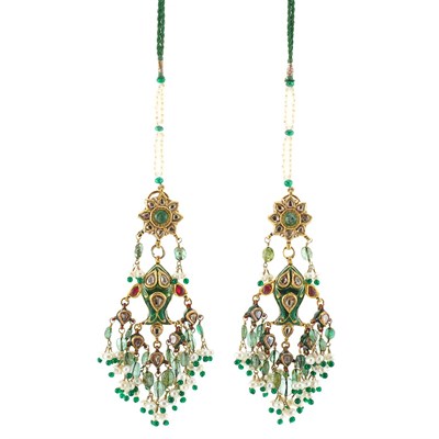 Lot 1030 - Pair of Gold, Enamel, Cultured Pearl, Emerald Bead and Foiled-Back Emerald and Diamond Pendant-Earrings