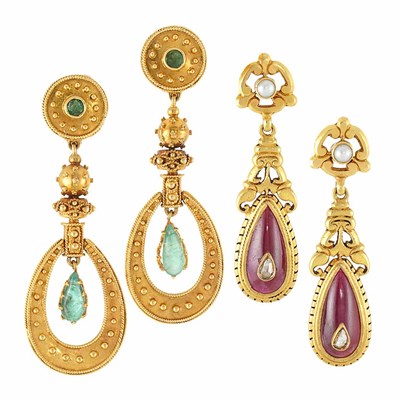 Lot 1329 - Pair of Gold, Cabochon Ruby, Diamond and Split Pearl Earrings and Pair of Gold, Cabochon Emerald and Emerald Earrings