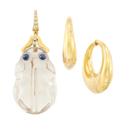 Lot 1271 - Pair of Gold Hoop Earclips and Gold, Carved Rock Crystal, Diamond and Cabochon Sapphire Frog Pendant, Andrew Clunn