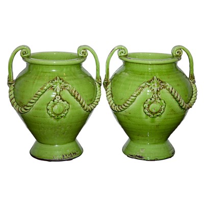 Lot 339 - Pair of Green Ceramic Urns Height 18 inches.