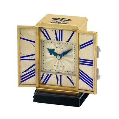 Lot 84 - Art Deco Gold, Platinum, Enamel and Black Onyx Miniature Desk Clock, Cartier, France, European Watch & Clock Co.