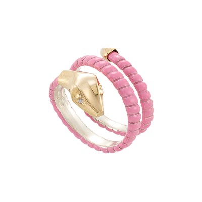 Lot 1019 - Rose Gold, Sterling Silver, Pink Enamel and Diamond Snake Ring