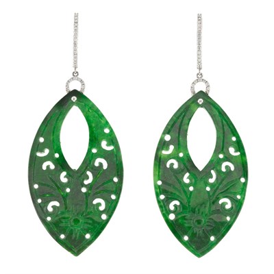 Lot 1129 - Pair of White Gold, Carved Jade and Diamond Earrings