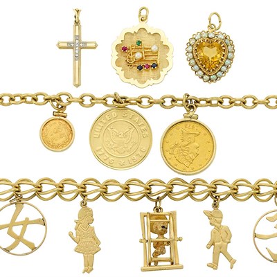 Lot 1390 - Group of Gold, Low Karat Gold and Metal Charm Bracelets and Charms