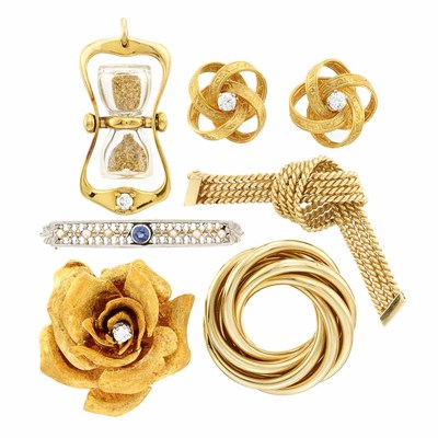 Lot 1239 - Four Gold and Diamond Pins, Gold, Glass and Diamond Pendant and Pair of Earrings