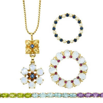 Lot 1327 - Group of Gold, Moonstone, Cultured Pearl and Gem-Set Jewelry
