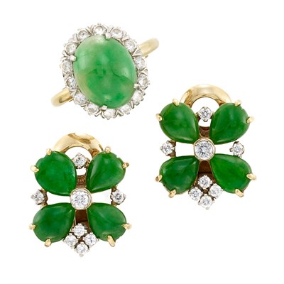 Lot 1261 - Gold, Cabochon Jade and Diamond Ring and Pair of Earrings