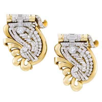 Lot 293 - Pair of Gold, Platinum and Diamond Clip-Brooches