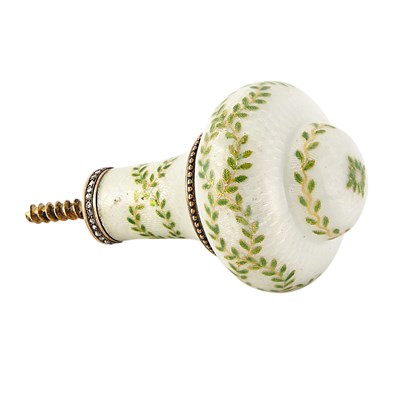 Lot 1180 - Russian Antique Gold, White Guilloche Enamel, Green Enamel and Diamond Knob