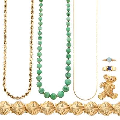 Lot 1445 - Gold Shell Bracelet, Bear Brooch, Two Gold Chain Necklaces, Two Gold Rings and Jade Bead Necklace