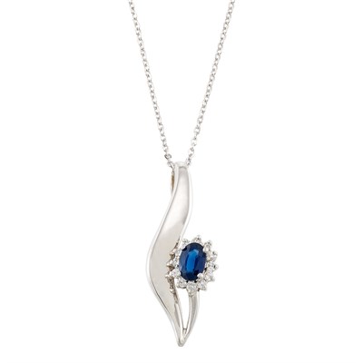 Lot 1138 - White Gold, Sapphire and Diamond Pendant with Chain Necklace